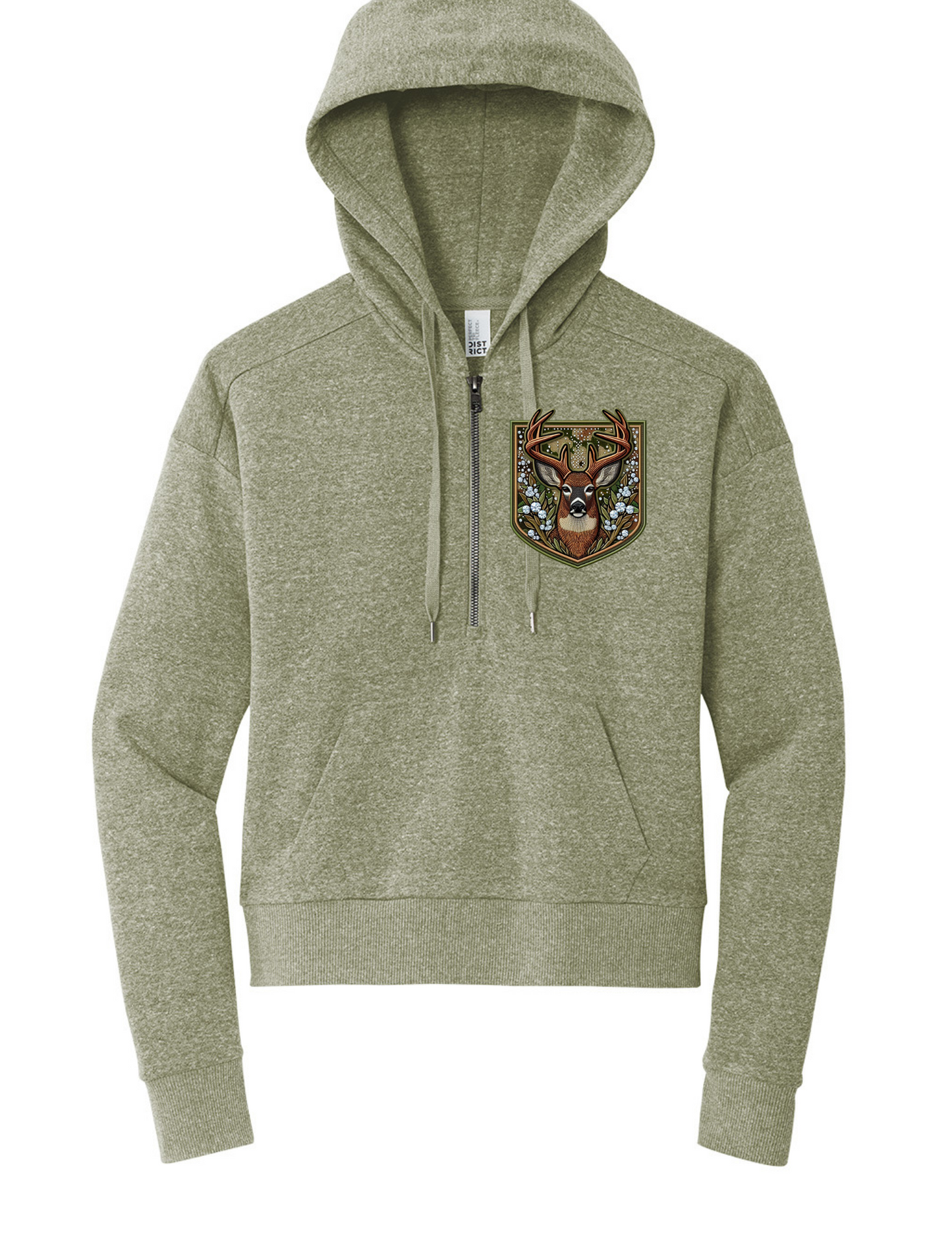 Faux Embroidered Deer Half Zip Hoodie