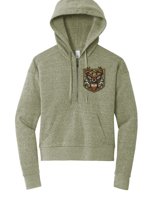 Faux Embroidered Deer Half Zip Hoodie